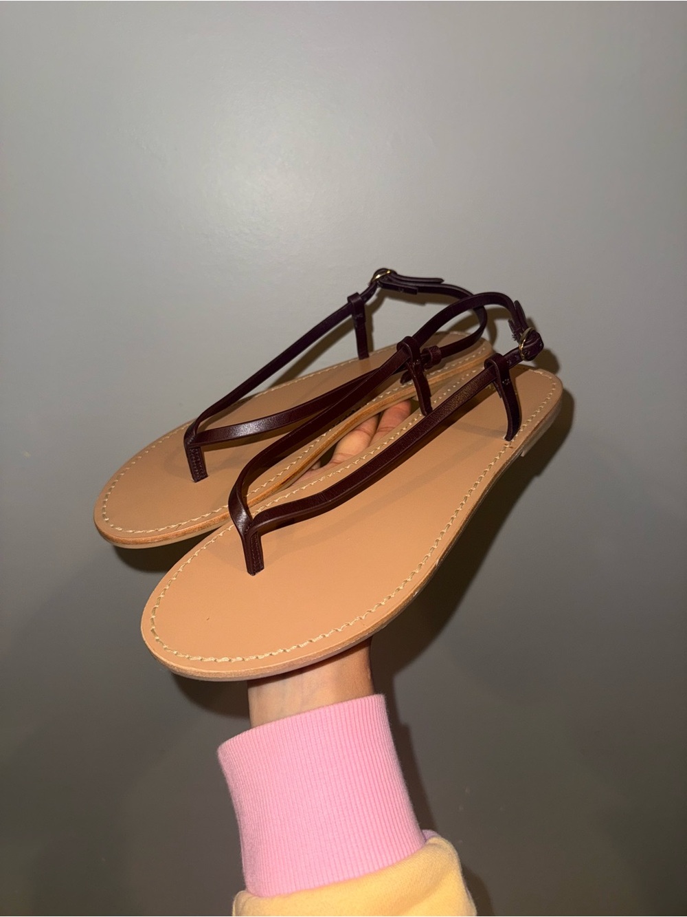 Mango Dark Brown T-Strap Flat Sandals with Tan Footbed